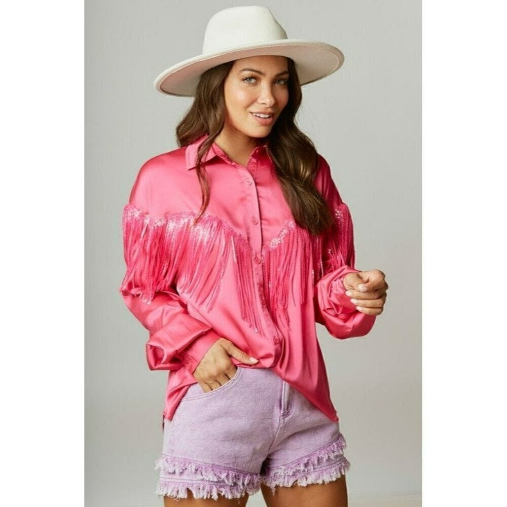 Flirty And Fringe Satin Shirt in Hot Pink - Picture 3 of 7